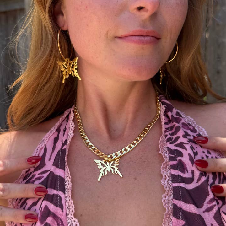 Gold Butterfly Bundle (Necklace + Earrings) for wholesale by Psicodelico Rave Clothing Co.