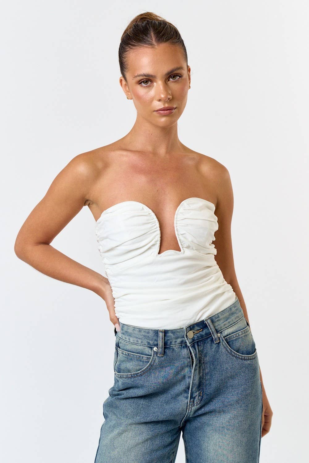 Black IBT29377 Wired Cutout Ruched Strapless Bodysuit for wholesale on Faire5