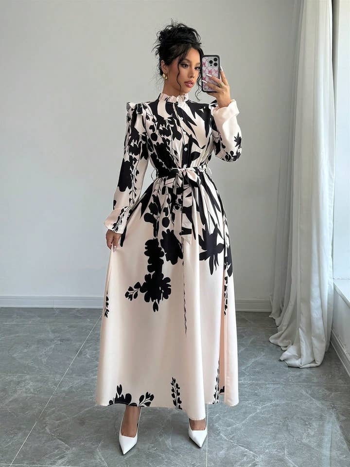 VividLux - Wholesale Dress - Women's - Long Sleeves Floral Printed Waist Cinched Maxi dress4
