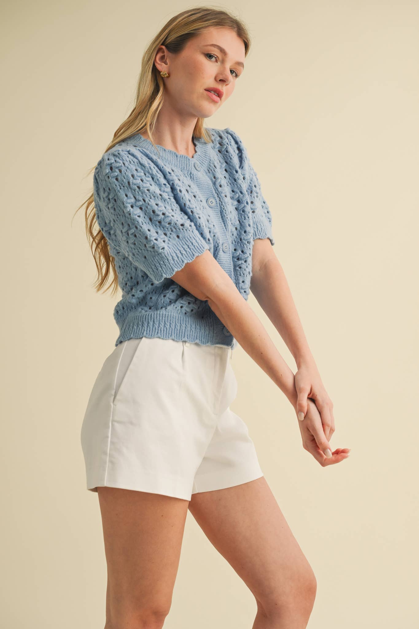 &MERCI - Wholesale Cardigan - Women's - CROPPED POINTELLE BUTTON DOWN SWEATER CARDIGAN MSW1085760