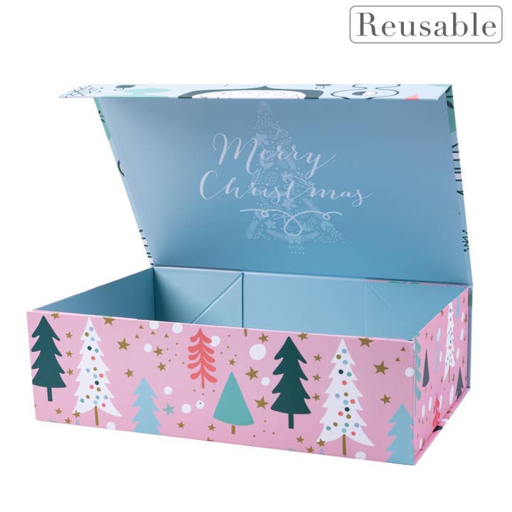 LA Ribbons Wholesale - Wholesale Gift box - 14" x 9" x 4.3" Collapsable Holiday Gift Box w/ 2-pcs White Tissue Paper & Magnetic Square Flap Lid | Pink And Blue Christmas Ornaments
2