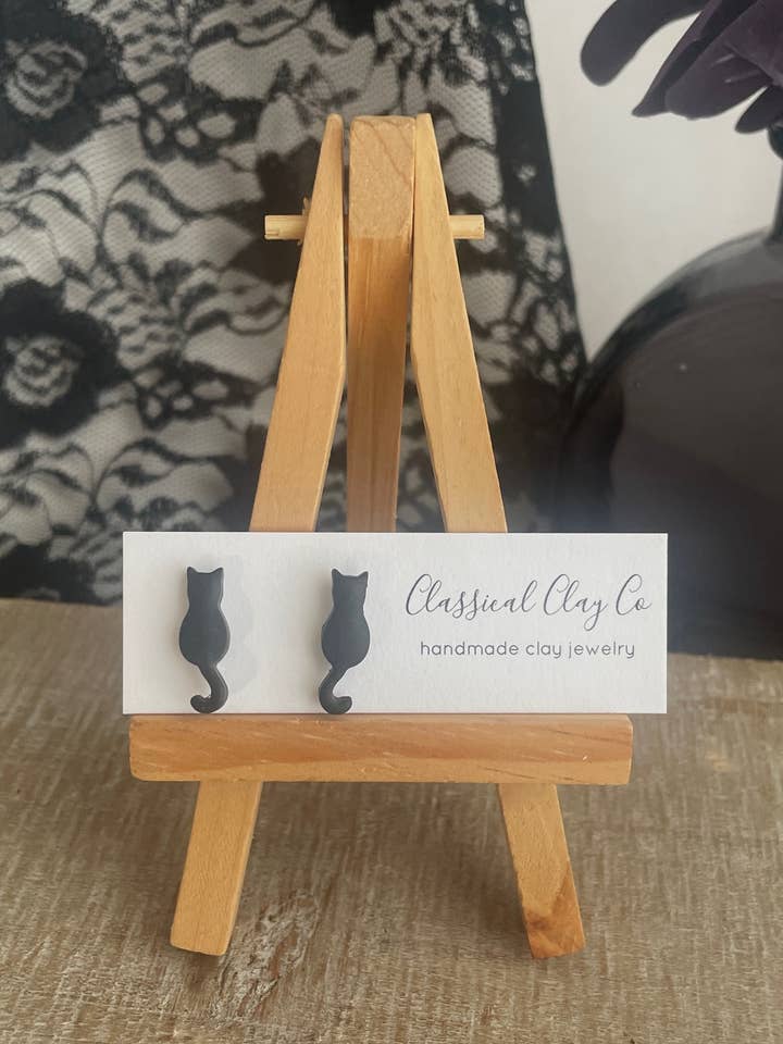 Black Cat Studs | Polymer Clay Earrings for wholesale by Classical Clay Co