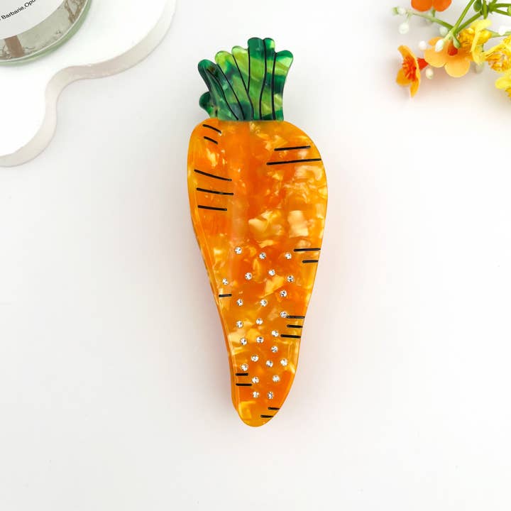Orange Pince à cheveux carotte en strass – Clip légume en acétate scintillant en vente sur Faire1