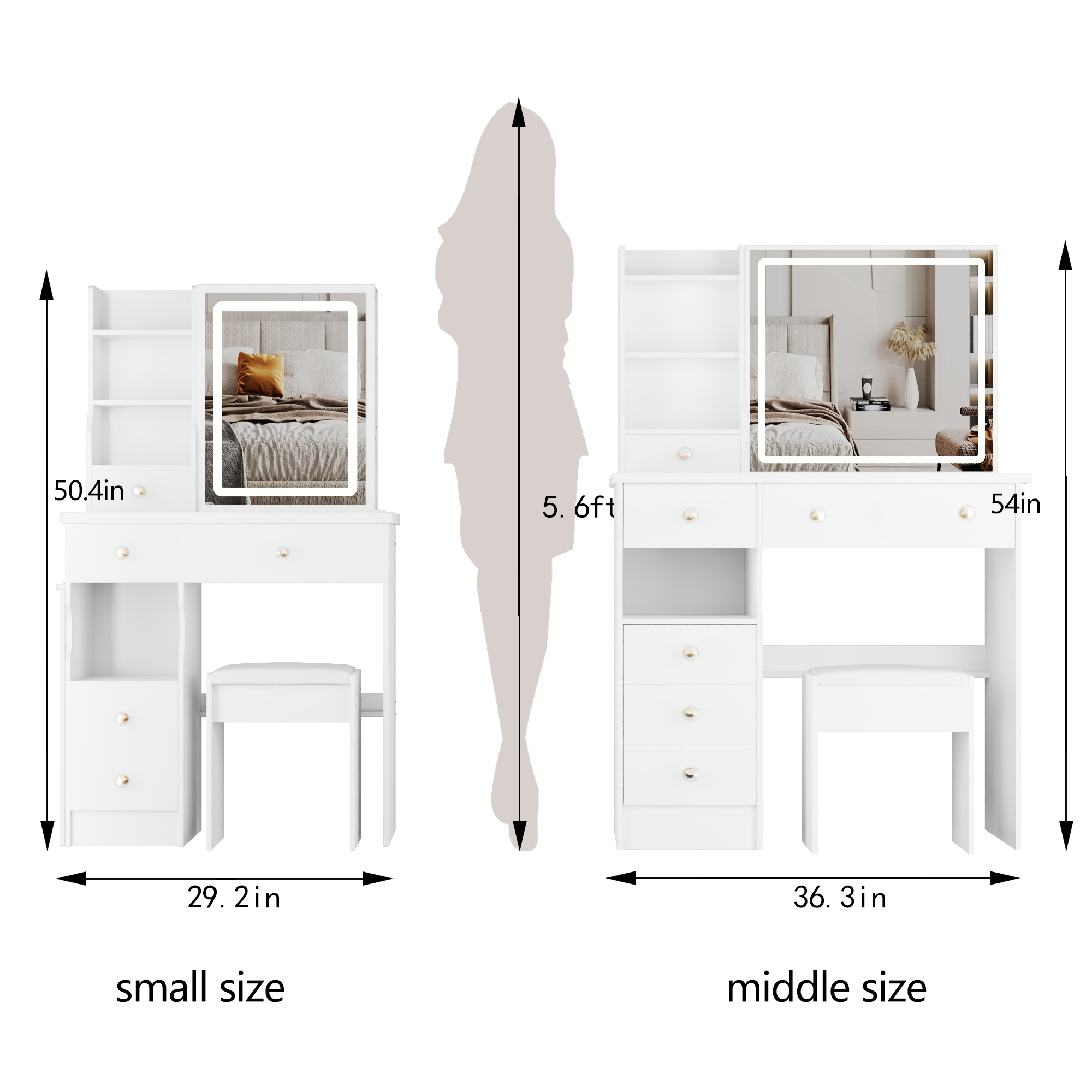 White Small Vanity Dressing Table with Padded Stool & Mirror Light for wholesale on Faire3