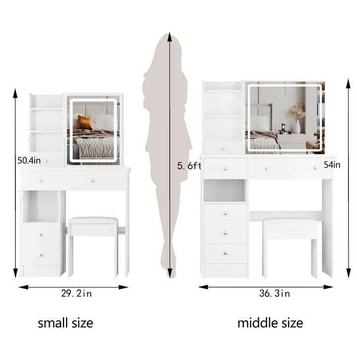 White Small Vanity Dressing Table with Padded Stool & Mirror Light for wholesale on Faire3
