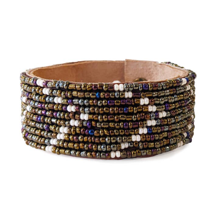 Medium Chevron Rainbow and Pearl Beaded Leather Cuff for wholesale by Swahili Coast
