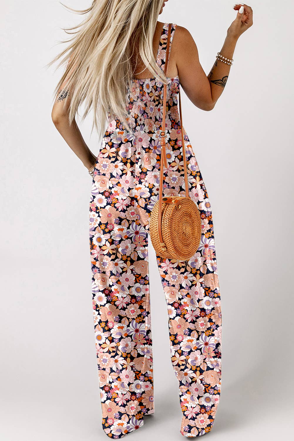 1 the Woman - Wholesale Jumpsuit - Women's - Spring Floral Print Smocked High Waist Square Neck Jumpsuit1