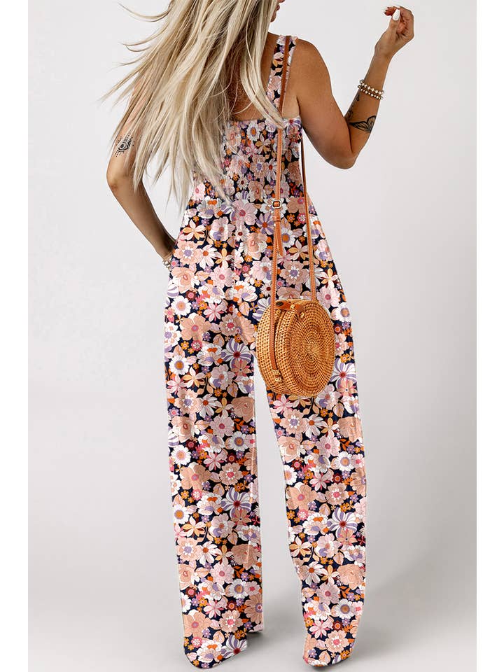 1 the Woman - Wholesale Jumpsuit - Women's - Spring Floral Print Smocked High Waist Square Neck Jumpsuit1