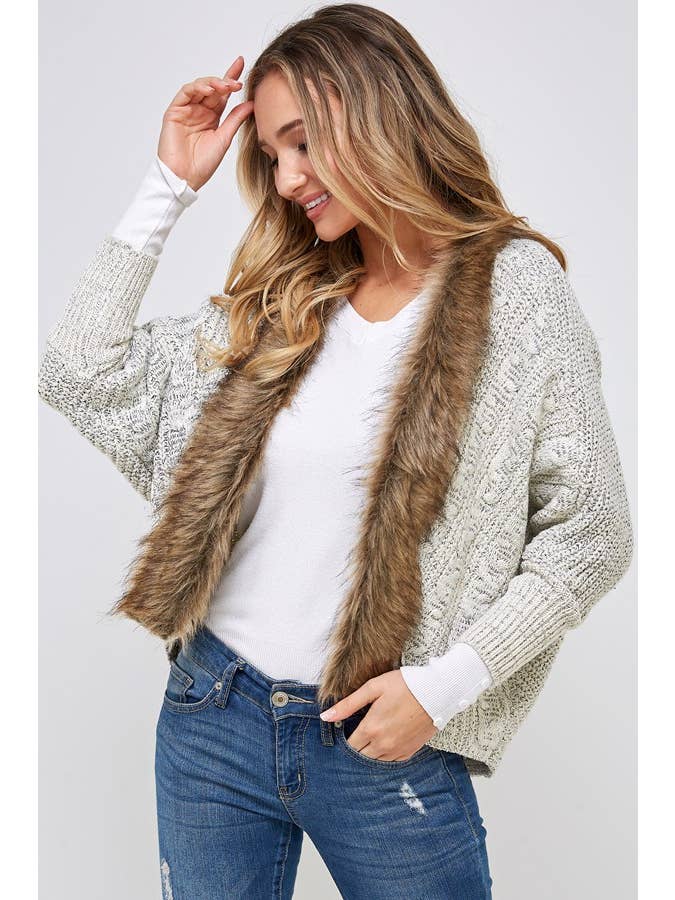 LT Grey PLUS Dolman sleeve cardigan with fur detail for wholesale on Faire1