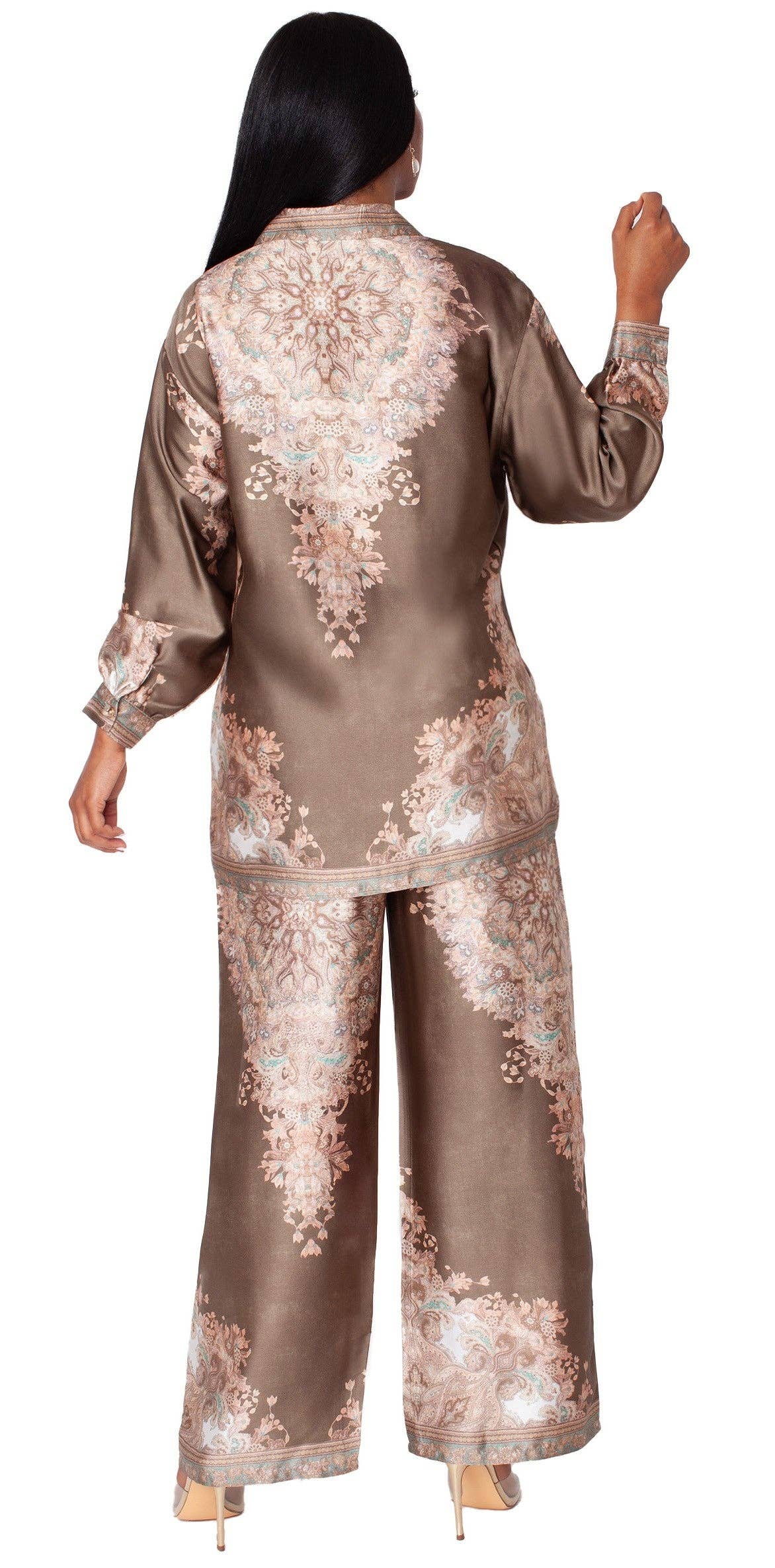For Her NYC - Wholesale Top & Pant Set (NOT Loungewear) - Women's - Baroque Print Satin Pant Set -828953