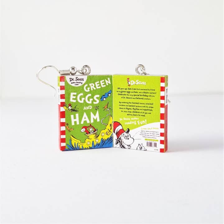 Cheeky Little Monkeys Jewellery – wholesale Hängande örhängen – Gröna ägg och skinka bokörhängen