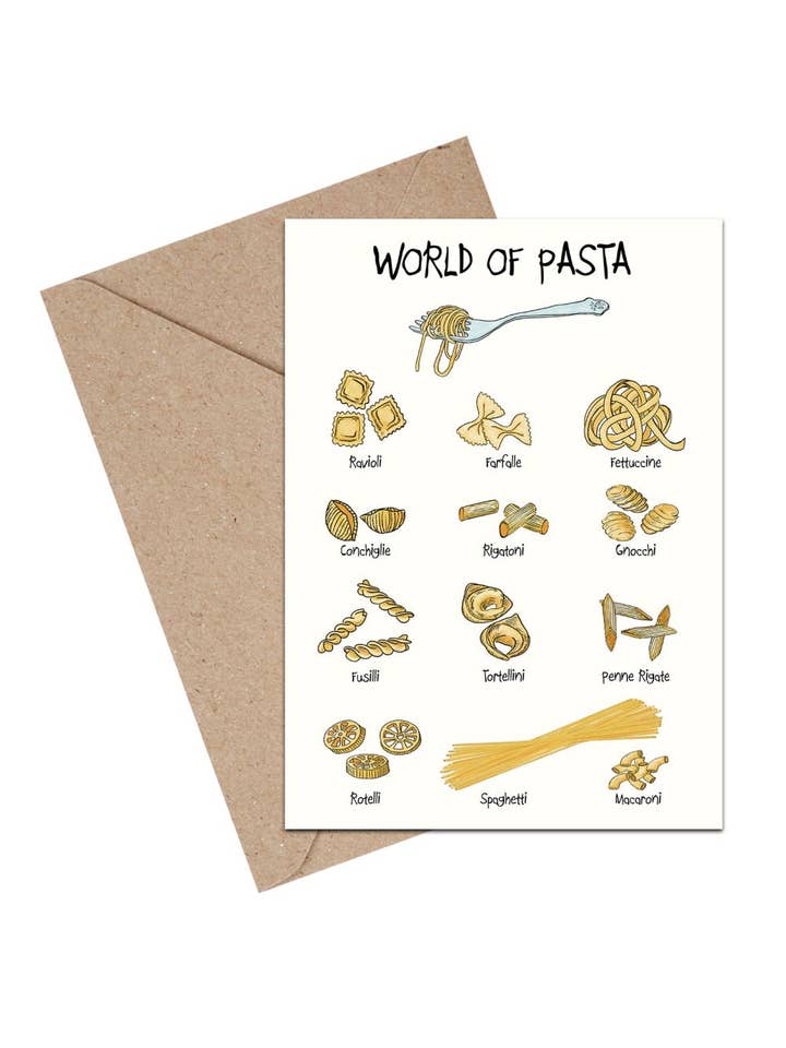 World of Pasta A6 card for wholesale by Mouse and Pen Illustration ApS