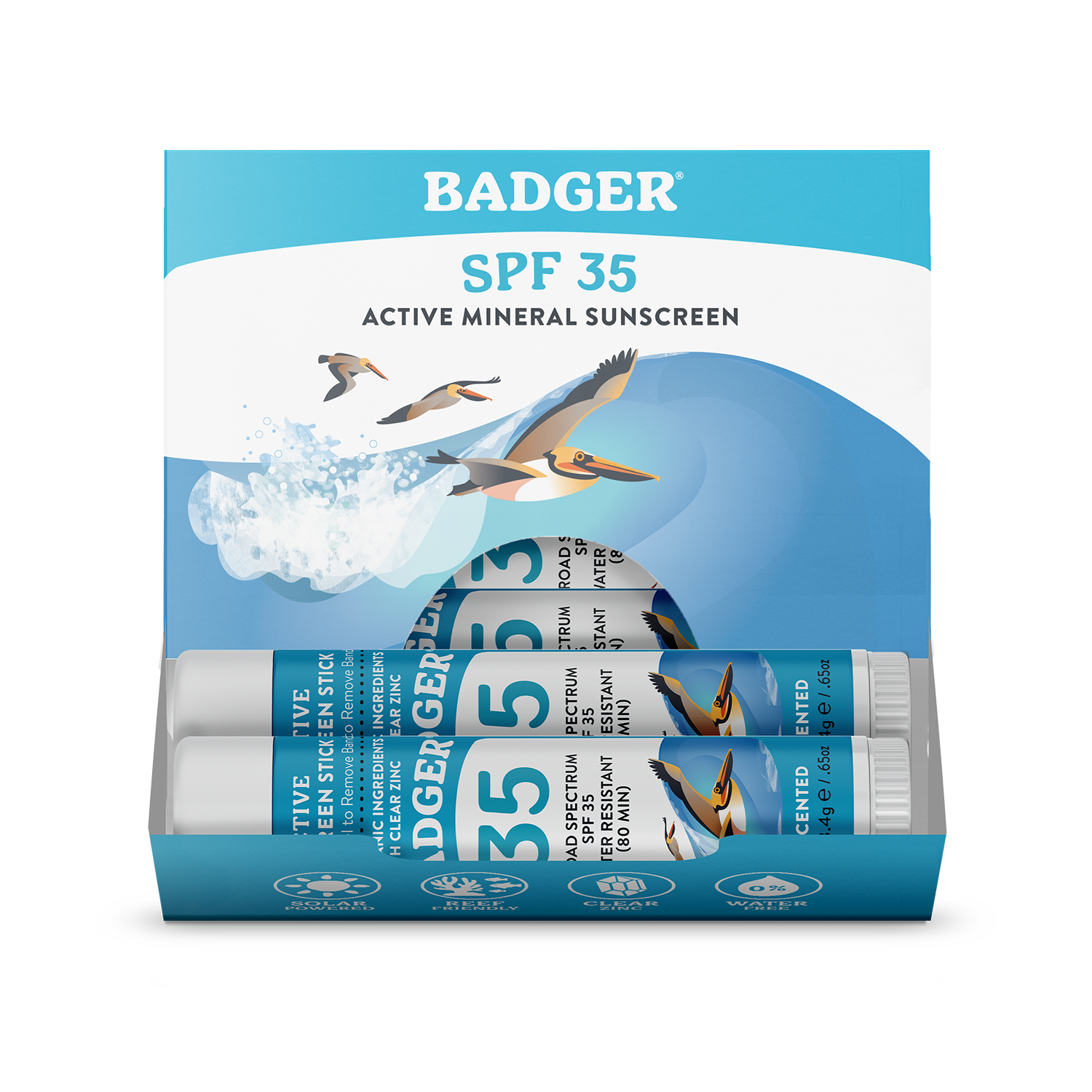Badger Balm - Wholesale Sunscreen - Active Mineral Sunscreen Stick SPF 35 - 12ct Display 1
