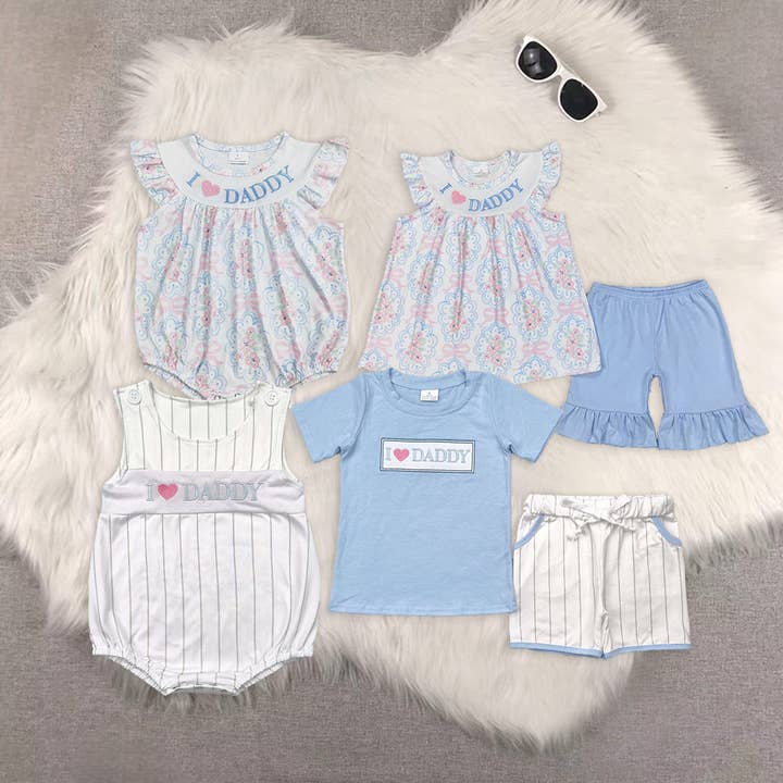 Sibling Embroidery Baby Kids I LOVE DADDY Top Shorts Clothes Sets for wholesale by Aier Wholesale