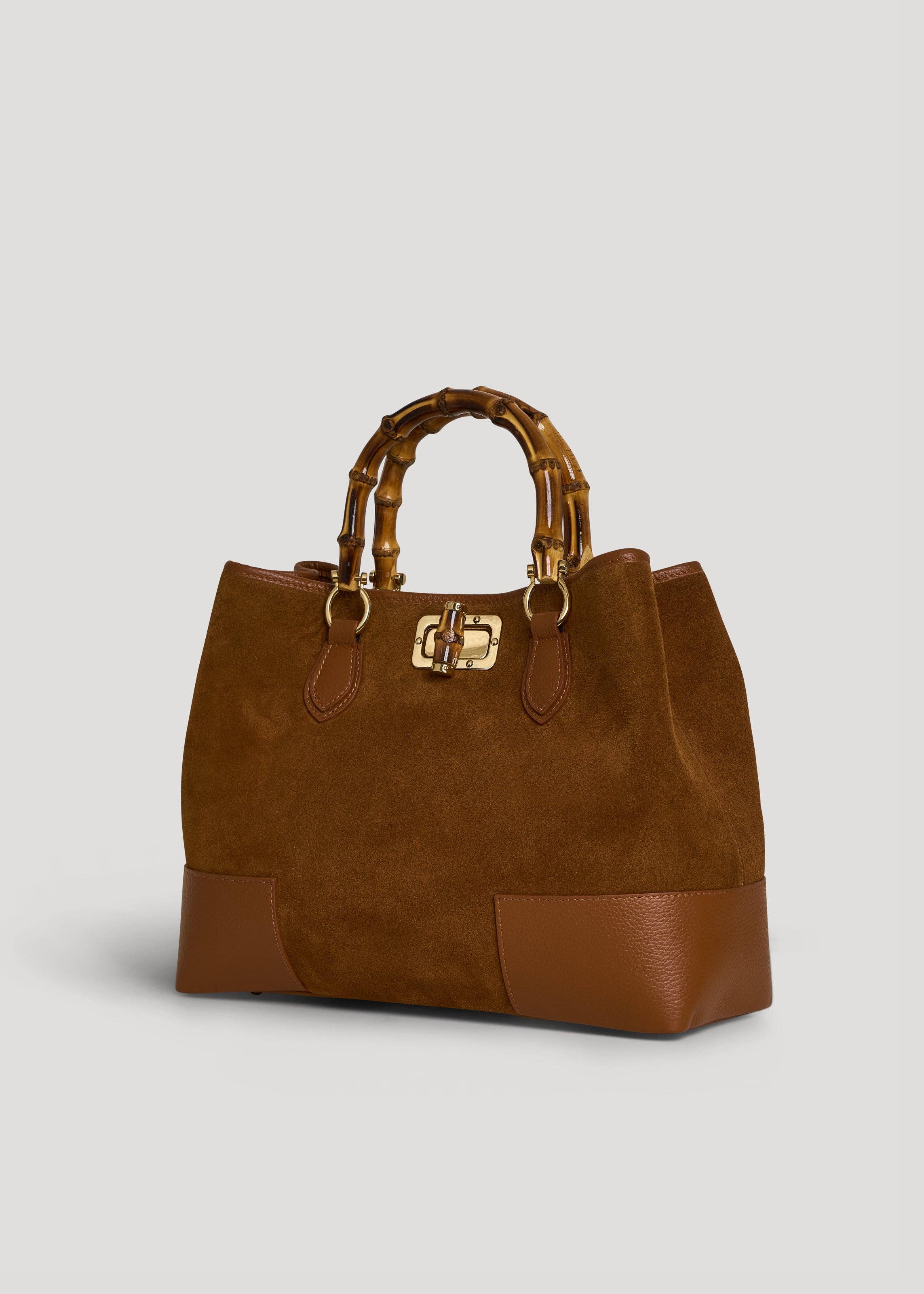 Voemièn - Wholesale Top Handle Bag - Women's - Bamboo Babe Bag in Tan Suede and Leather1