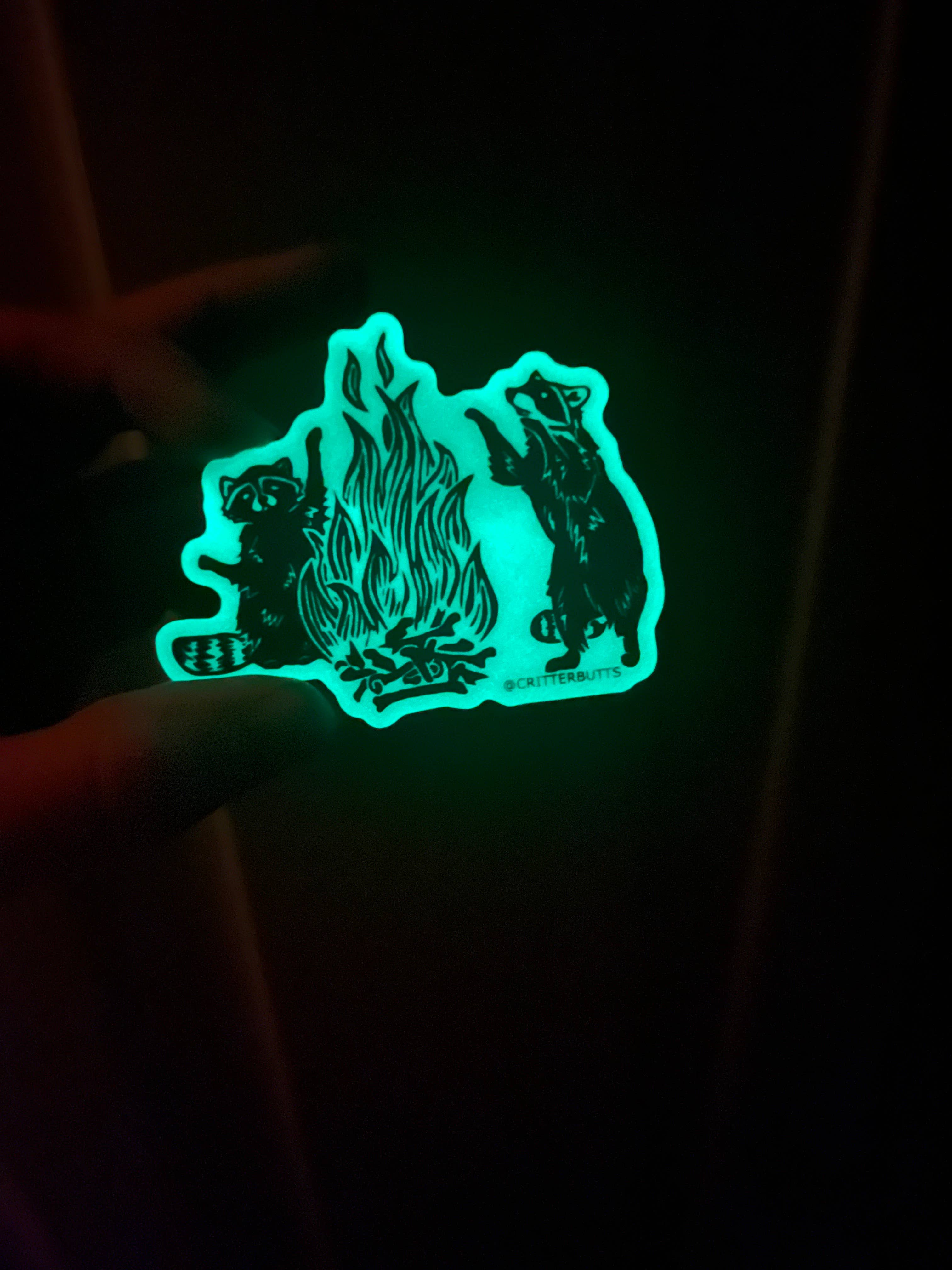 Critter Butts - Wholesale Phone & Laptop Stickers - Glow in the dark Raccoon Bonfire Sticker1