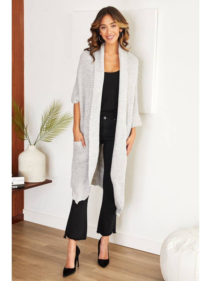 VENTI6 - Wholesale Cardigan - Women's - SHAWL COLLAR LONG CARDIGAN WITH POCKETS(3841-LIGHT GREY)