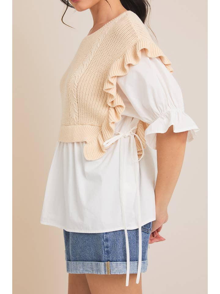 WHITE BUTTER ROUND NECK PUFF HALF SLEEVE KNIT+ WOVEN MIX TOP for wholesale on Faire
