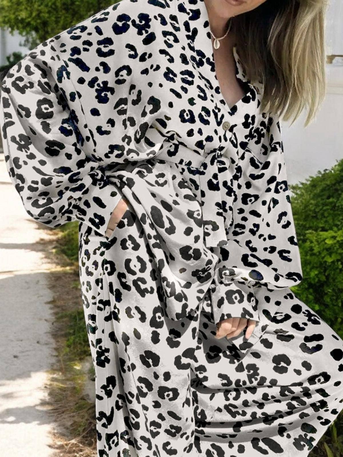 White Leopard Print Lounge Shirt and Pants Set for wholesale on Faire1