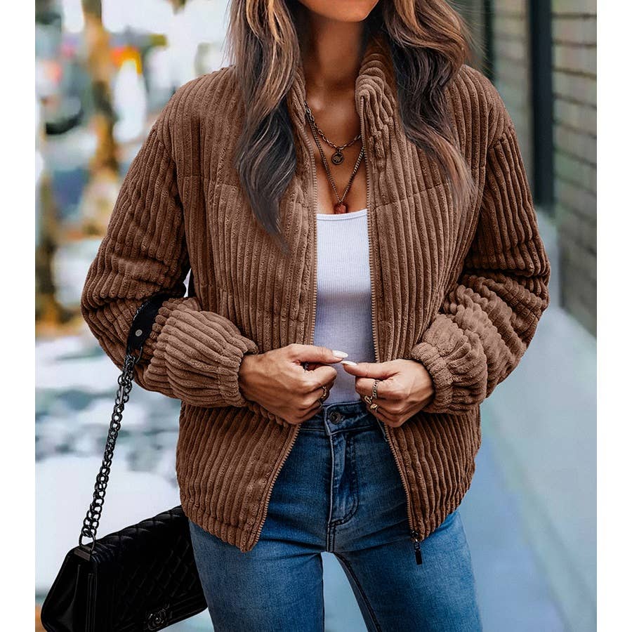 Gray Fuzzy Pocket Zipper Strip Coat Jacket for wholesale on Faire4