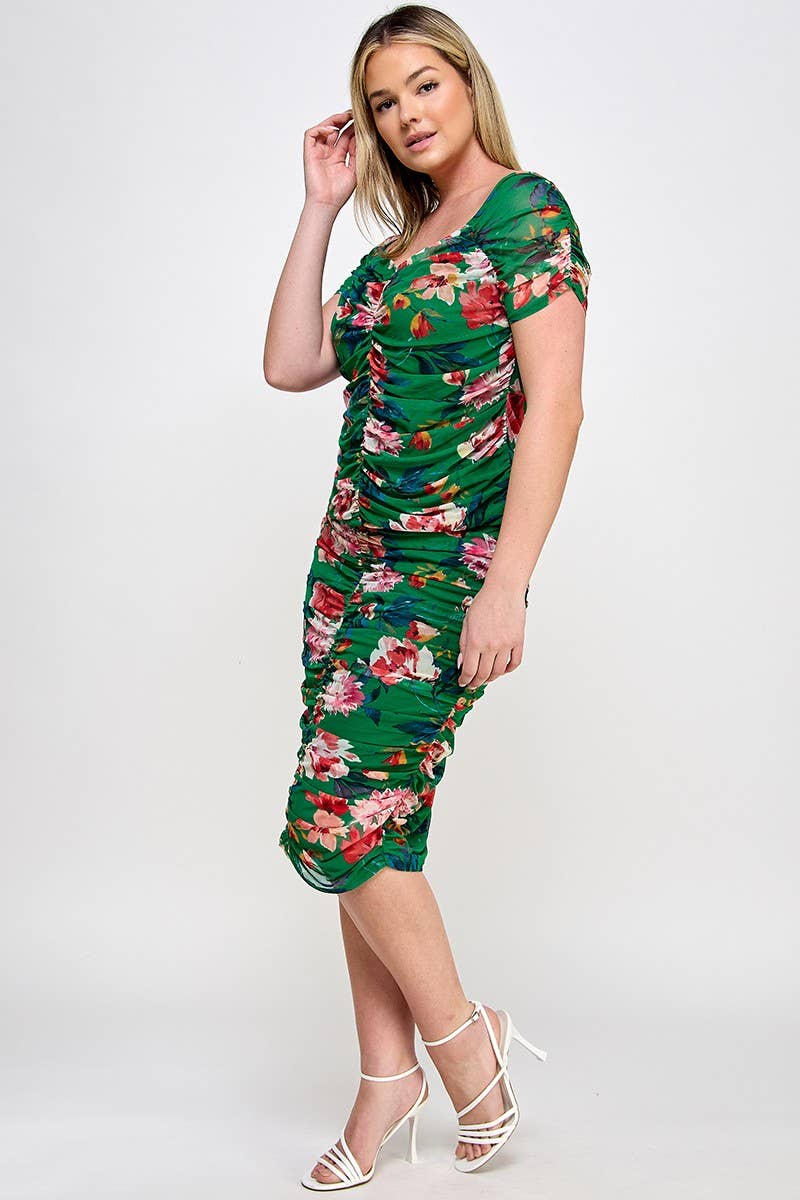 Haute Fox Plus Size & Contemporary - Wholesale Blouse - Women's - Plus Size Mesh Floral Print Ruched Top - WG18420-T9