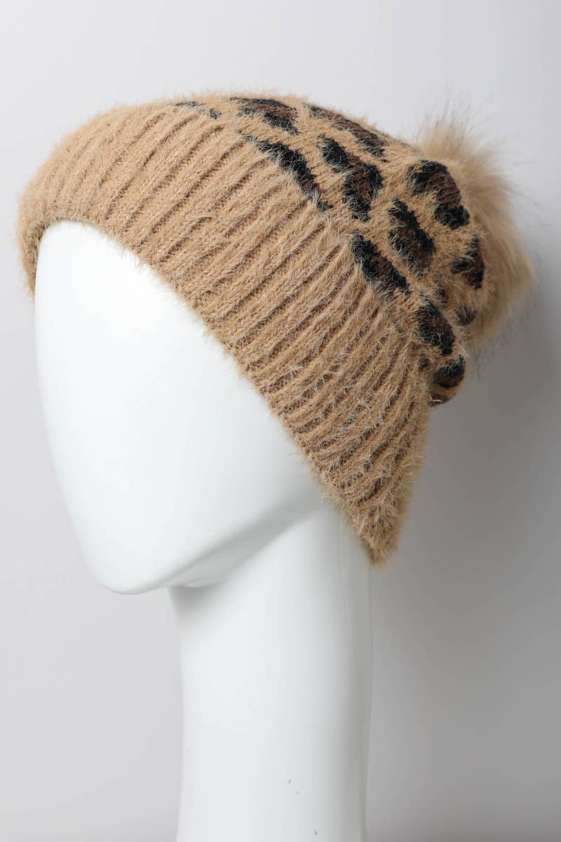 Leto Accessories - Vente Bonnet – femme - Bonnet tricot léopard avec pompon en fausse fourrure - 5 couleurs0