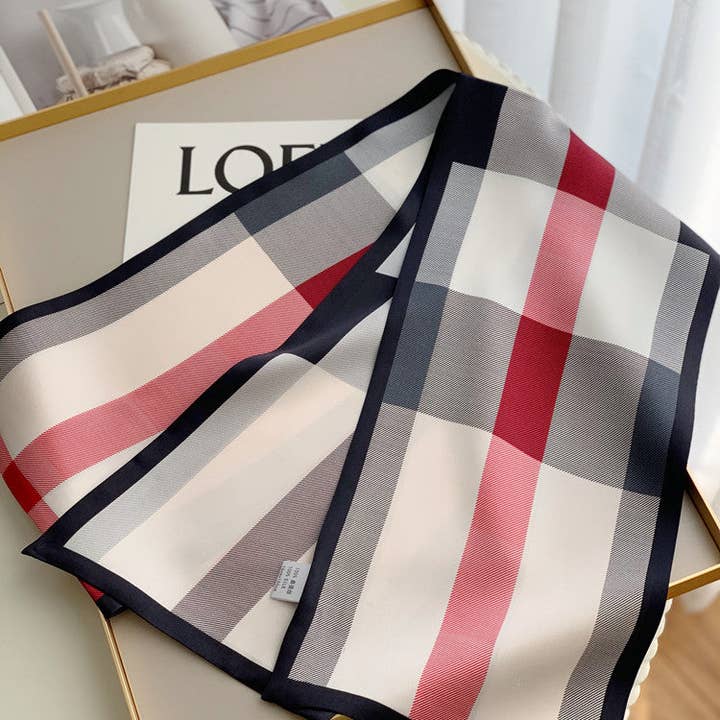 SueSilkHK - Wholesale Scarf - Women's - Beige Checkered Double Sided Mulberry Silk Ribbon Scarf - Simple and Elegant for Spring/Summer - Long Silk Scarf - Gift for her