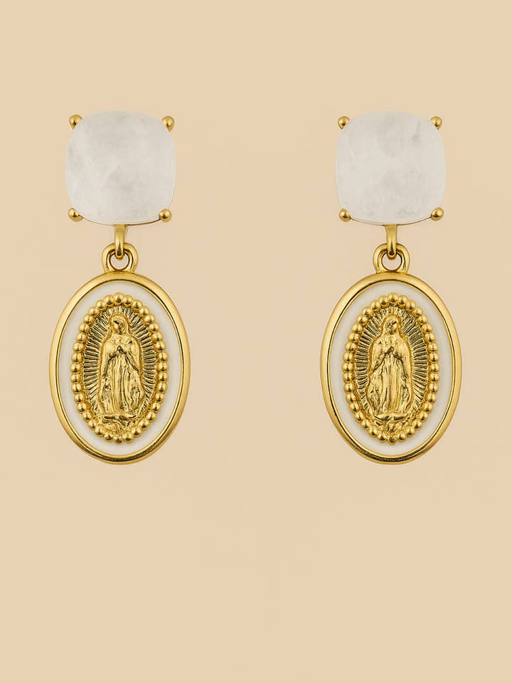 Boucles d'oreilles médaille Vierge Marie avec quartz blanc pour la vente par PHOEBE´S