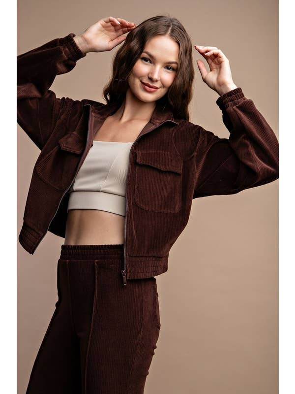 Sunday Morning - Wholesale Jacket - Women's - J903037 Corduroy Cropped Mock Neck Jacket