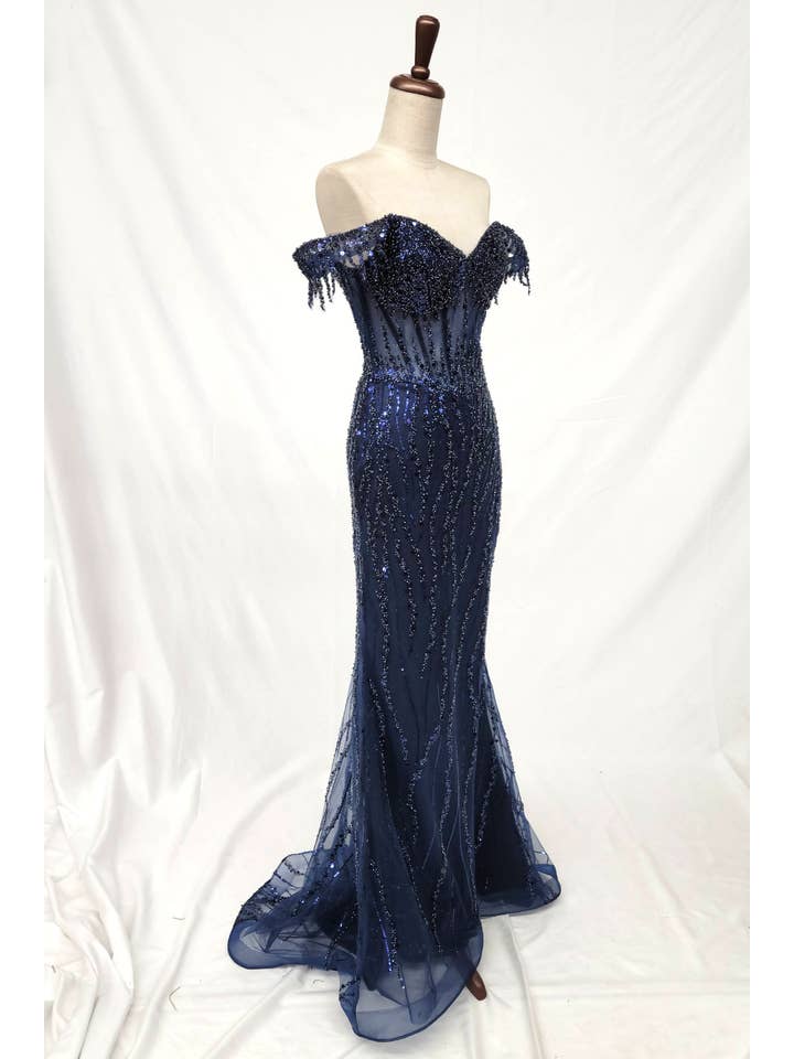 Chicas - Wholesale Gown - Women's - Off the Shoulder Sequin and Bead Long Dress C33137