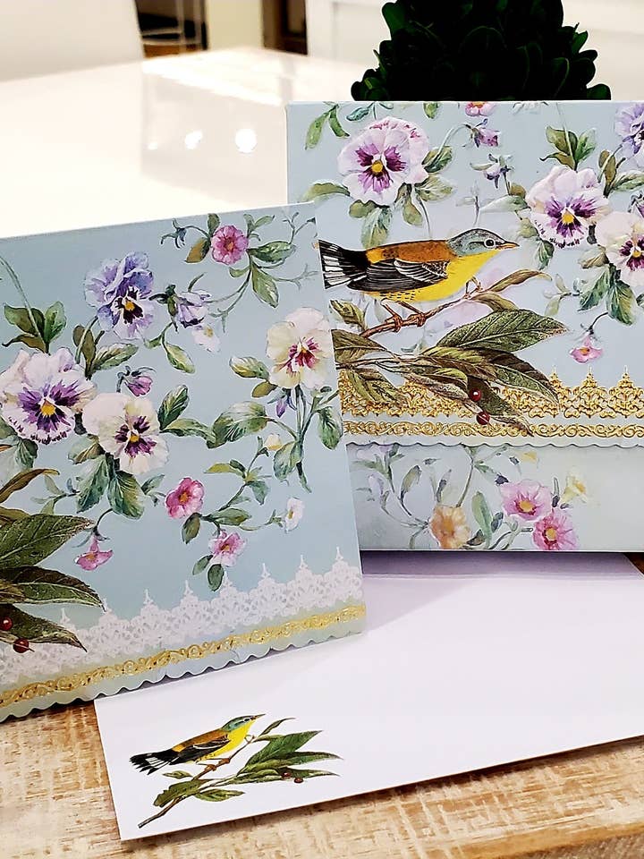 Pansies & Warbler Embossed Die-cut Boxed Portfolio Note Card for wholesale by Carol Wilson Fine Arts Inc./For Arts Sake