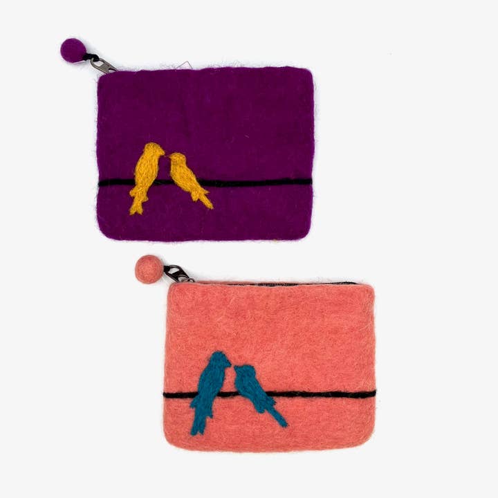 Two Birds on Line Felt Coin Purse for wholesale by Women of the Cloud Forest