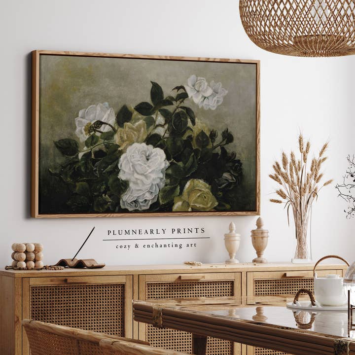 Muted Sage Green Floral Rose Painting Framed Canvas Art 8 for wholesale by Plumnearly Prints