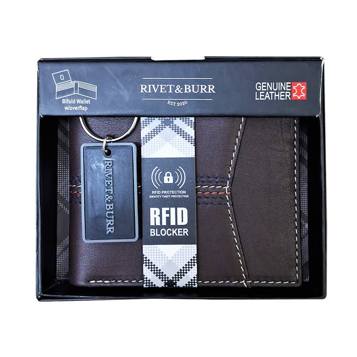 Portefeuille à deux volets à points contrastés avec plateau de toilette et porte-clés pour la vente par Leather Impressions Inc