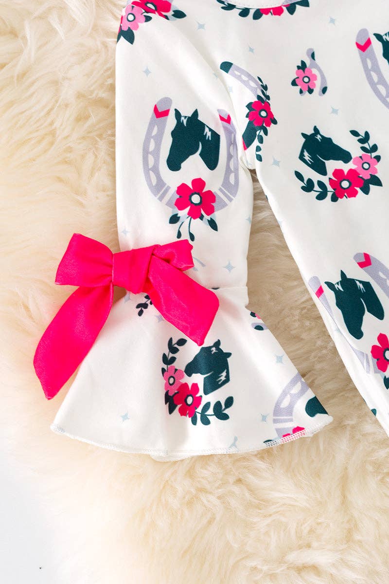 Kids Charm Online - Wholesale Jumpsuit - Baby - Horseshoe printed on white baby romper with ruffle hem. RPG52076 AMY1