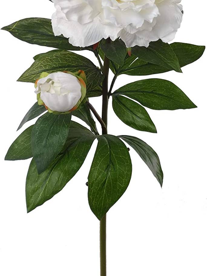 30" Peony Spray W/ 1 Bud - White Faux Flower for wholesale by Larksilk