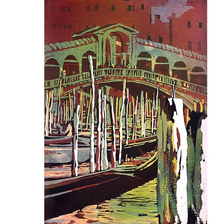 Venice- Rialto Bridge & gondolas in medieval city of Venice, Italy. Watercolor painting of Venice art painting of Rialto Bridge in Venice (print) for wholesale by Ryan Fox Fine Art