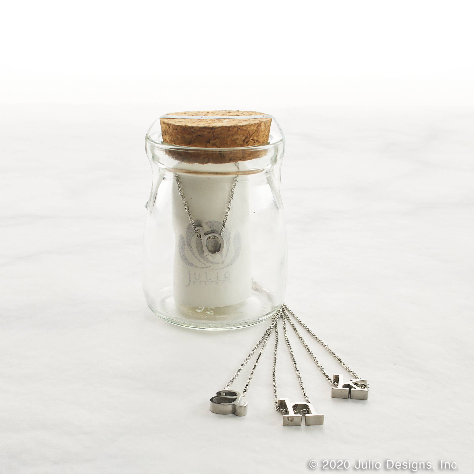 Julio Designs - Wholesale Pendant/Charm Necklace - Spice Lowercase Initial Charm Necklace in Glass Jar - Silver