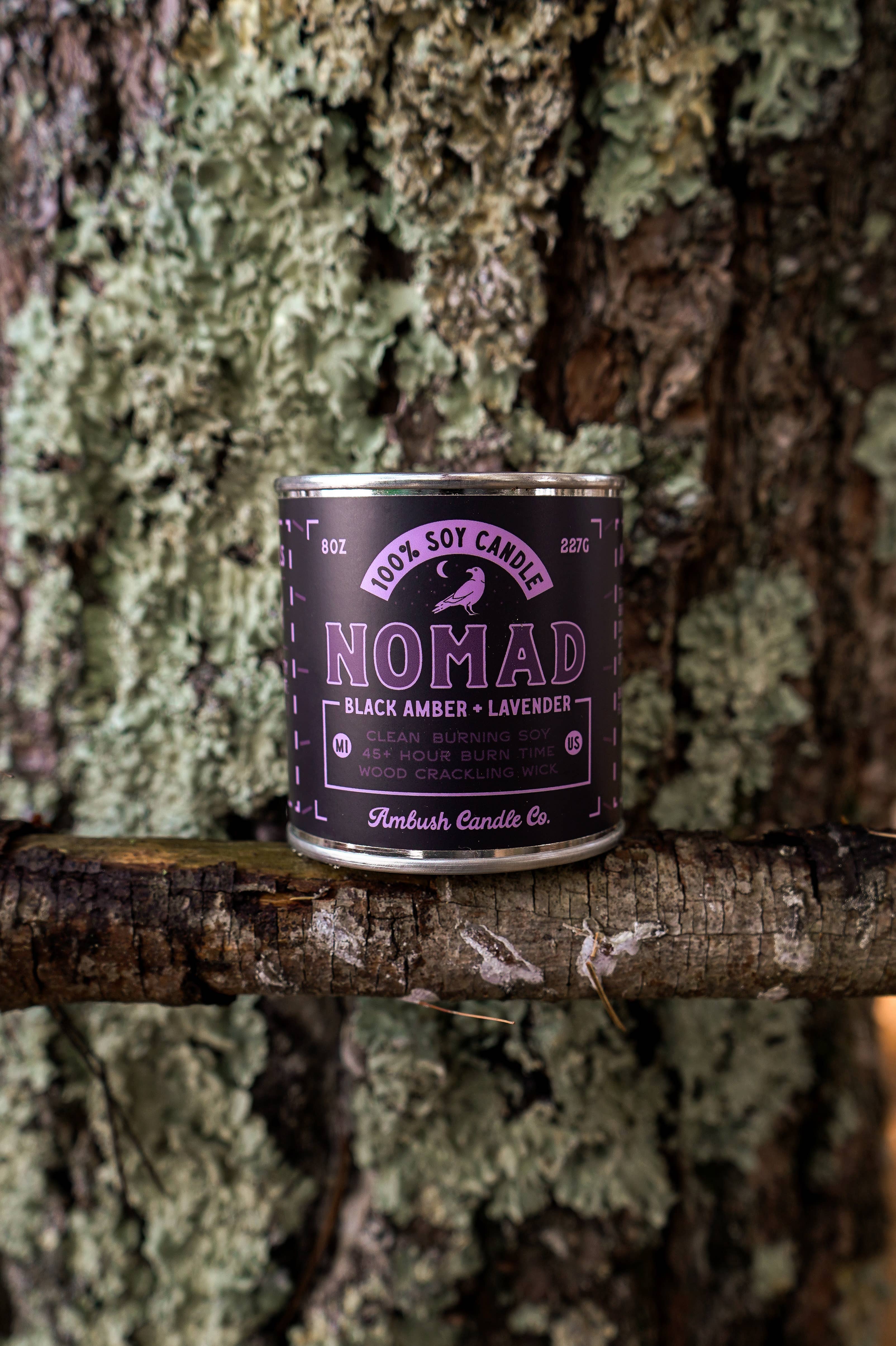 Ambush Candle Co. – wholesale Jar/filled candle – Nomad | Amber + Lavender 8oz Soy Candle2