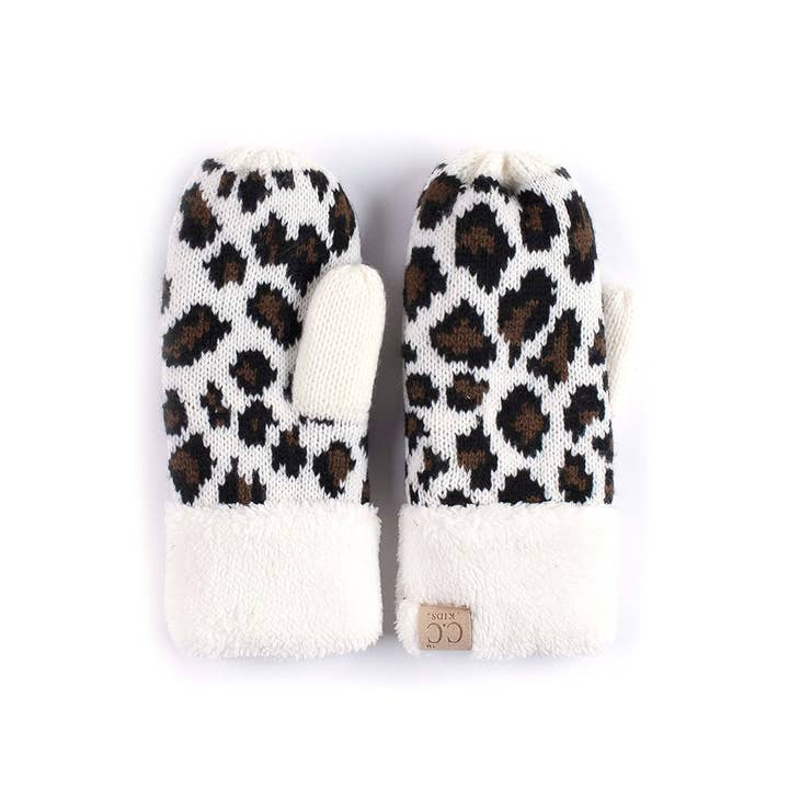 Hana – wholesale Mittens – Child – C.C Kids Knitted Leopard Fuzzy Lining Cuff Mitten