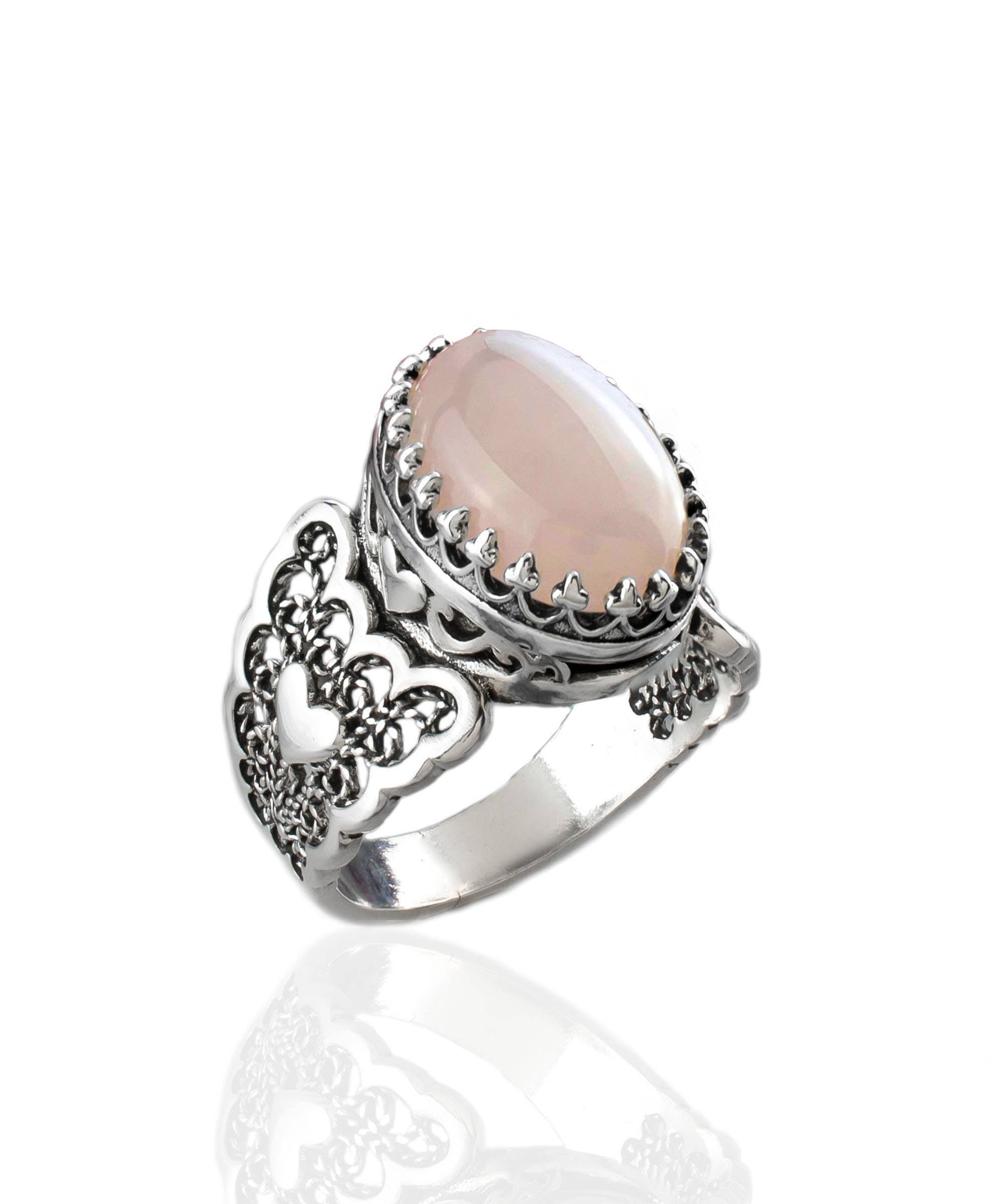 Filigranist Jewelry - Wholesale Cocktail/Statement Ring - Art Double Heart Rose Quartz Gemstone Women Silver Ring