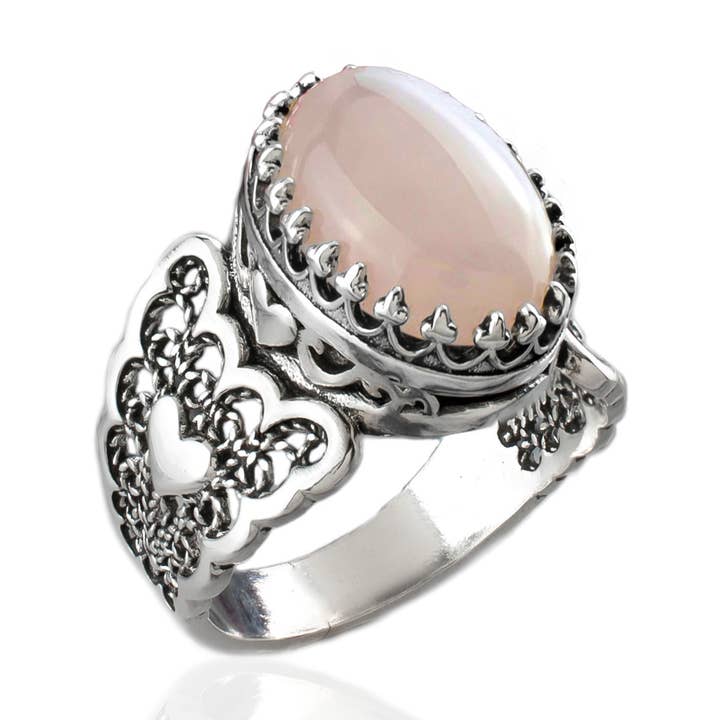Filigranist Jewelry - Wholesale Cocktail/Statement Ring - Art Double Heart Rose Quartz Gemstone Women Silver Ring0