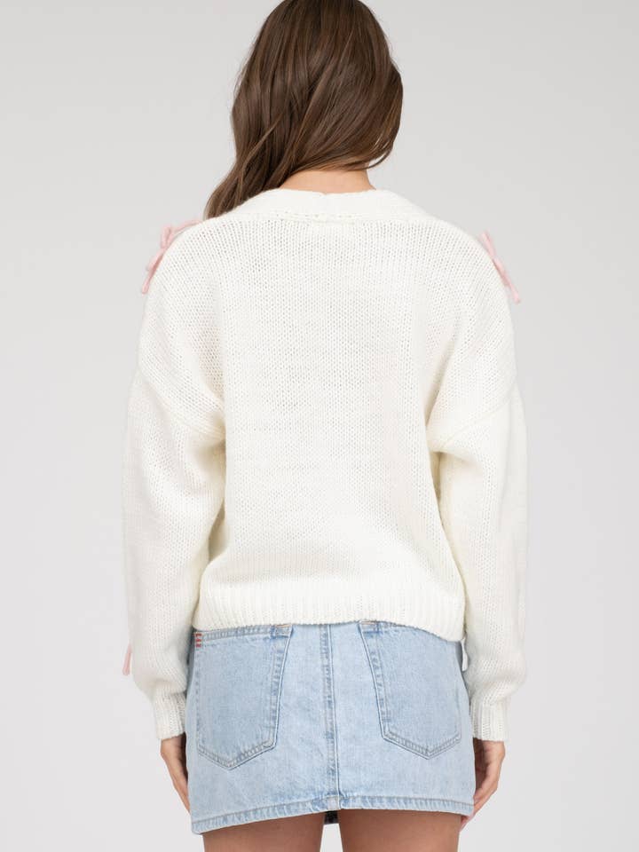 Blu Pepper - Wholesale Cardigan - Women's - BOW DETAIL BUTTON DOWN CROPPED KNIT CARDIGAN