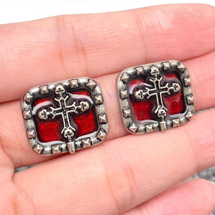 GT - Gothic Red Enamel Skull Cross Ear Studs for wholesale by Mio Queena