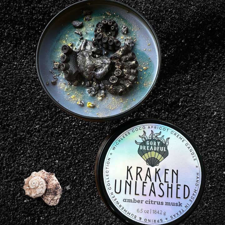 KRAKEN UNLEASHED Luxury Wickless Candle 6.5 oz: Amber Citrus Musk for wholesale by Gory Dreadful Candle Co