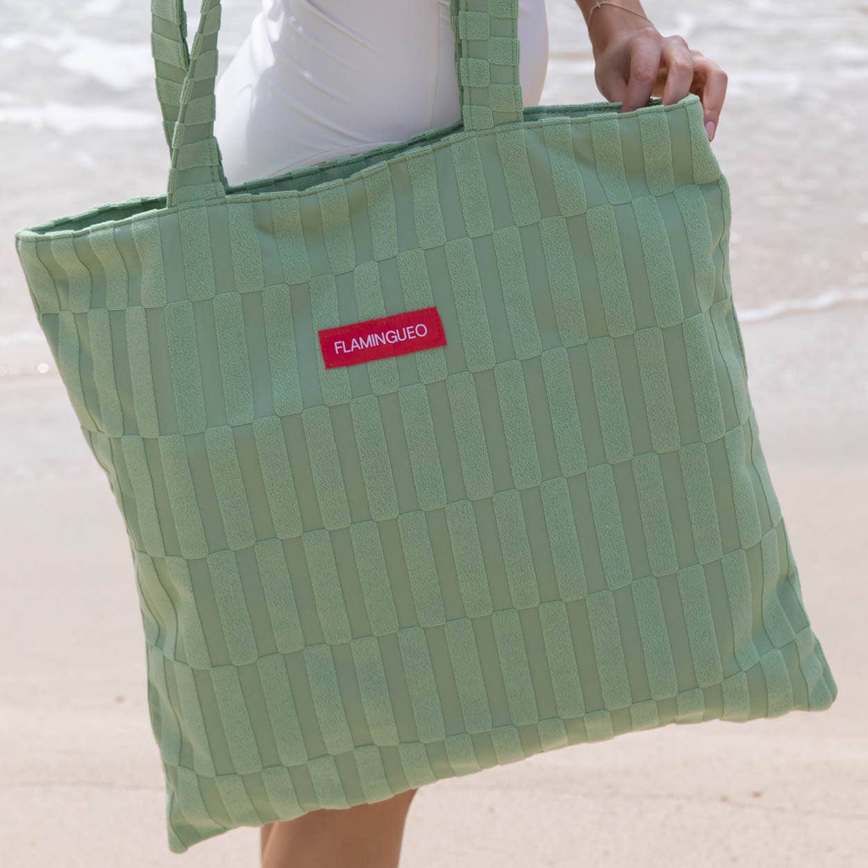 Flamingueo - Wholesale Beach Accessories - Green terry tote bag with stripes5