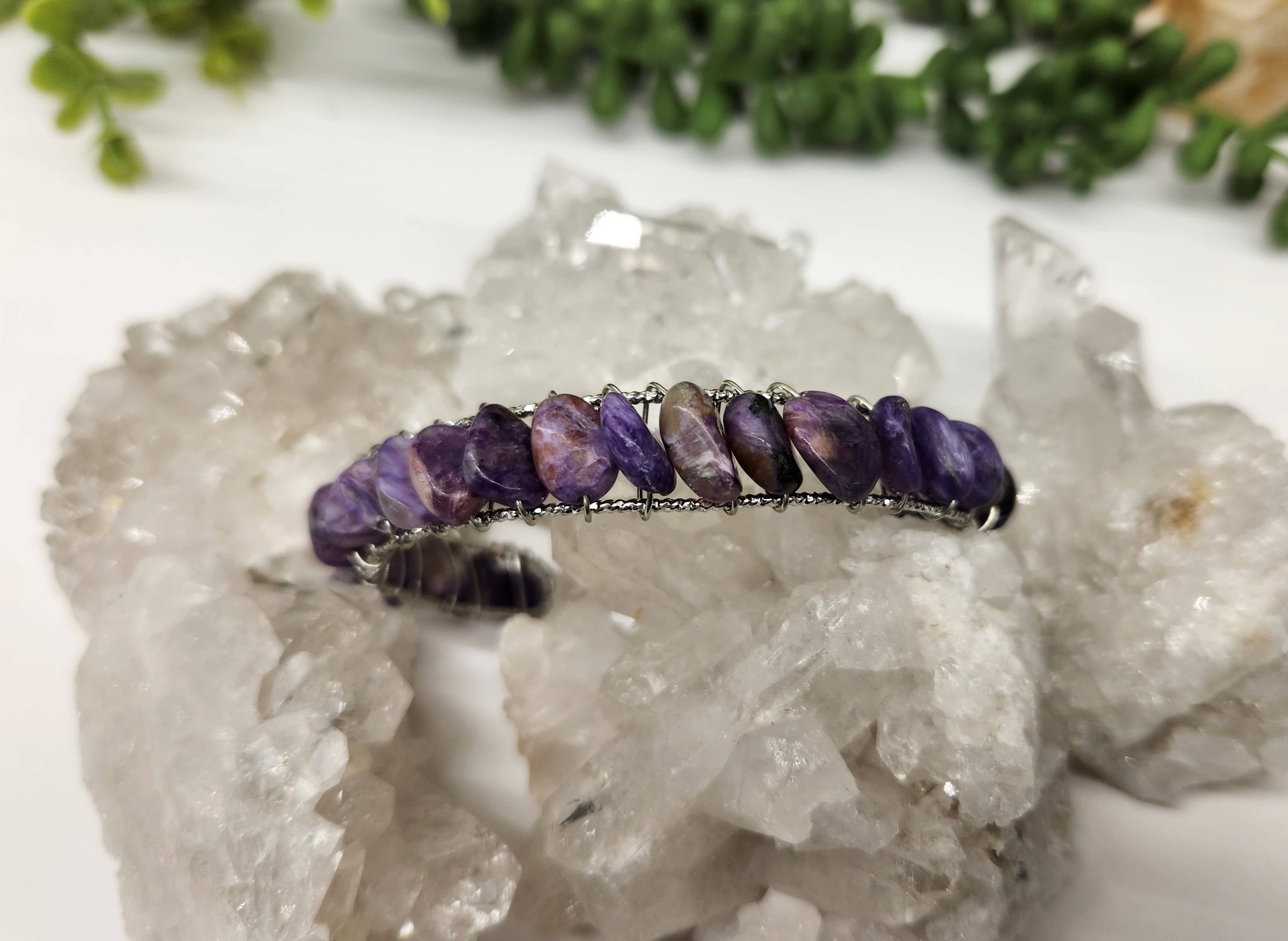 Meraki Gemstones - Wholesale Cuff Bracelet - Charoite Bangle/Cuff WireWrapped Bracelet-18kt. Gold Overlay4