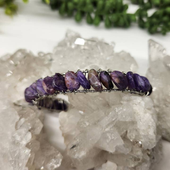 Meraki Gemstones - Wholesale Cuff Bracelet - Charoite Bangle/Cuff WireWrapped Bracelet-18kt. Gold Overlay4