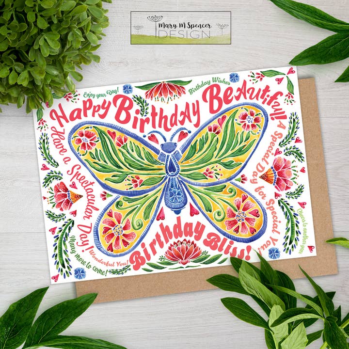 Mary M Spencer Design - Wholesale Birthday Card - Butterfly and Flowers Birthday 5 x 7 Greeting Card