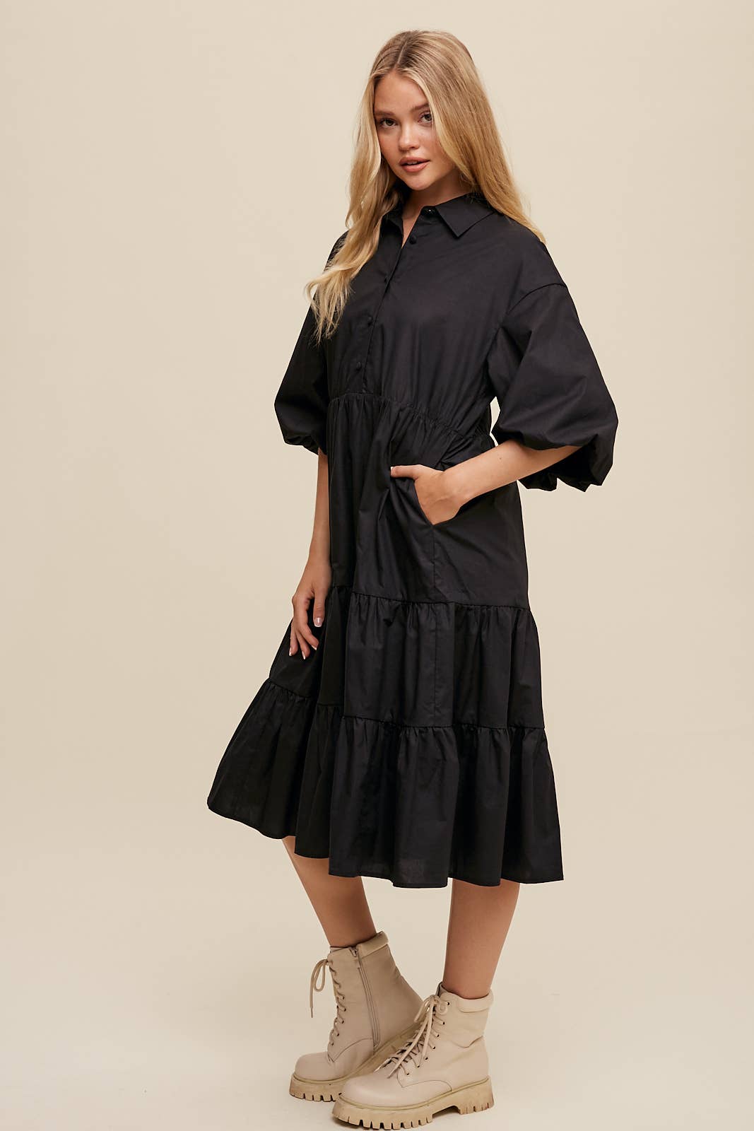 Listicle - Wholesale Dress - Women's - Tiered Poplin Shirt Dress7